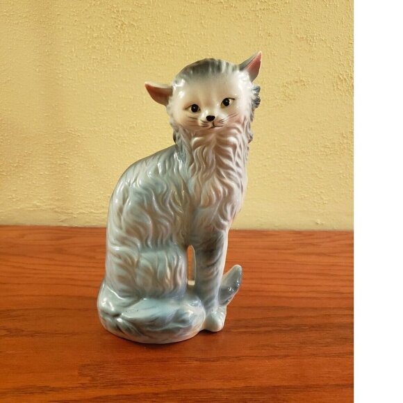 MCM Cat Figurine Statue Long Hair Gray White Vintage 1960s Large Wales Japan